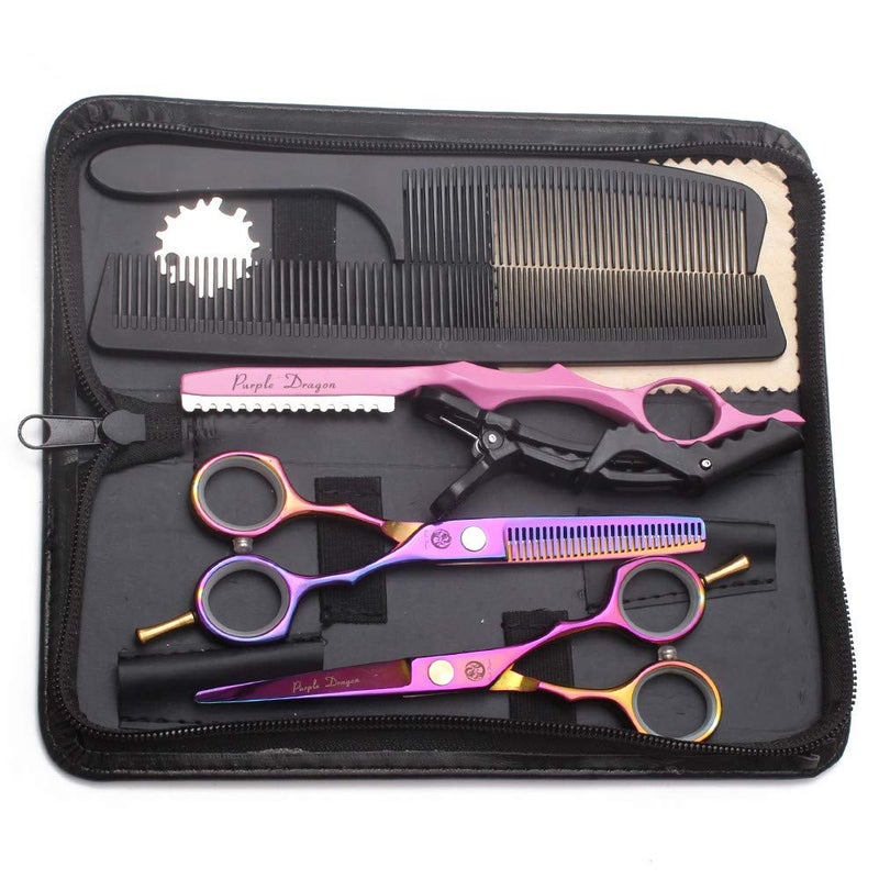 Purple Dragon 55 inch Hair Cutting Scissors Set with Razor Leather Scissors Case Barber Hair Cutting Shears Hair ThinningTexturizing Shears for Professional Hairdresser or Home Use Multicolored